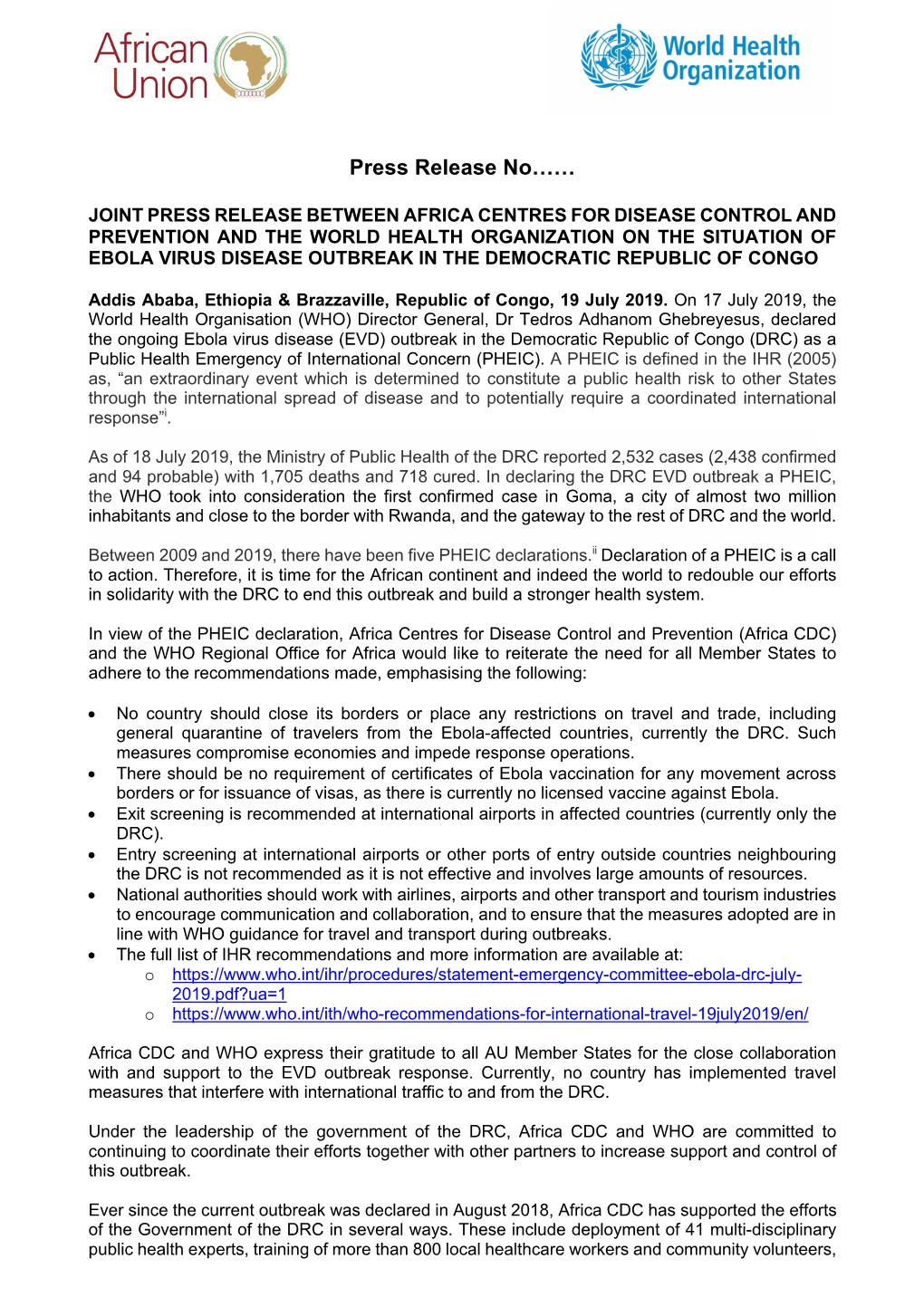 Joint Press Release Between Africa Cdc and Who on The