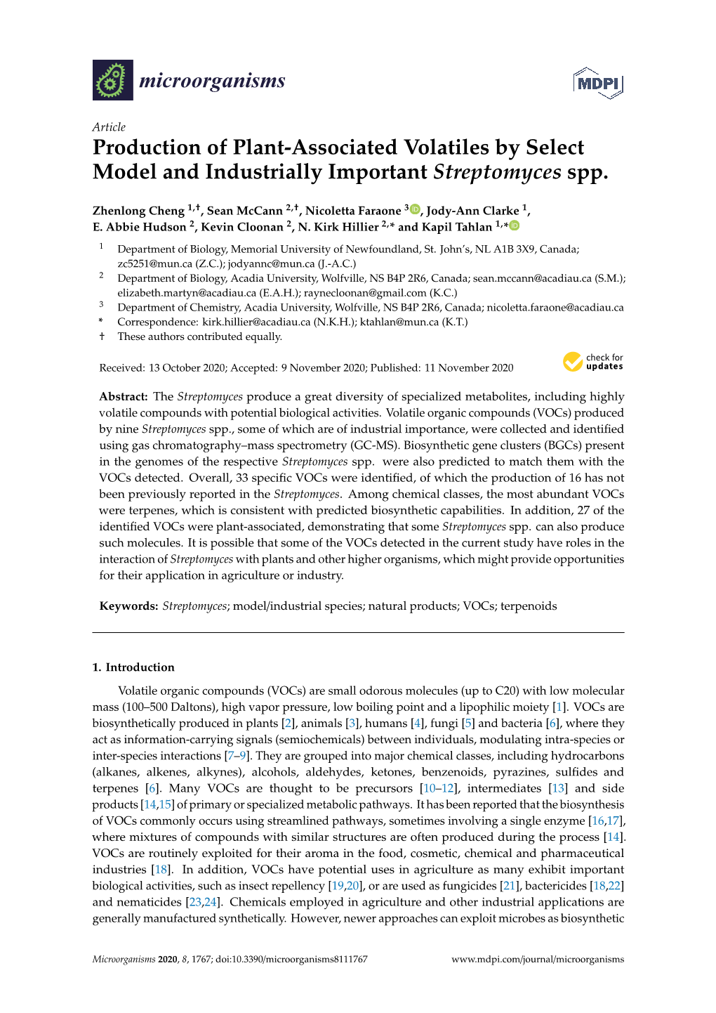 Production of Plant-Associated Volatiles by Select Model and Industrially Important Streptomyces Spp