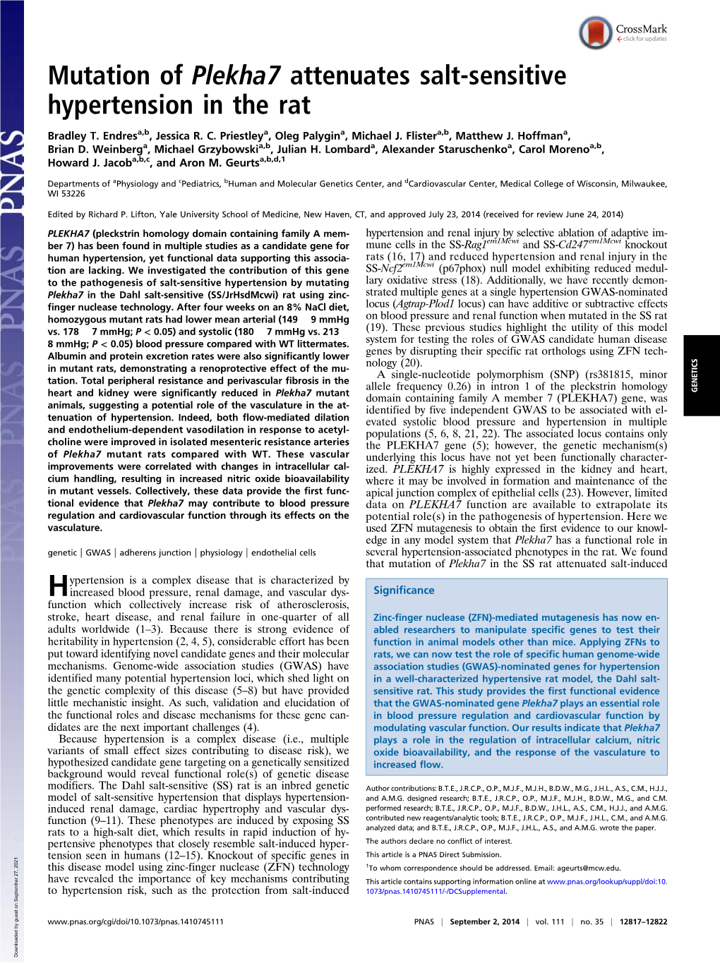 Mutation of Plekha7 Attenuates Salt-Sensitive Hypertension in the Rat