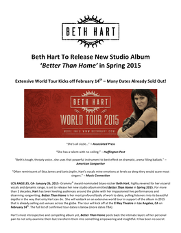 Beth Hart to Release New Studio Album 'Better Than Home' in Spring