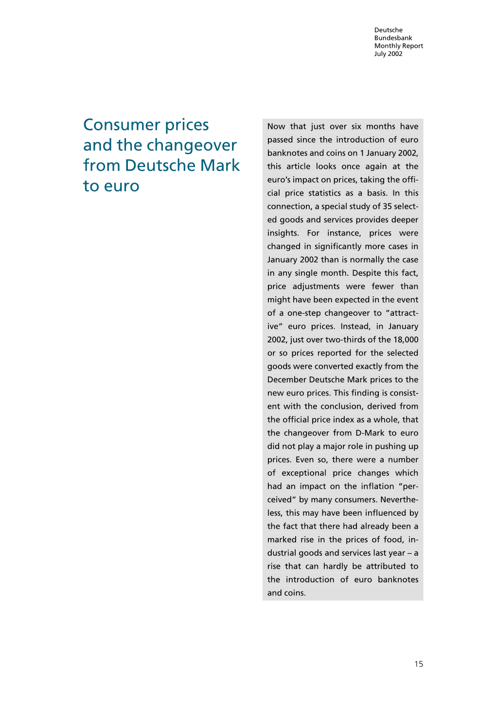 Consumer Prices and the Changeover from Deutsche Mark to Euro
