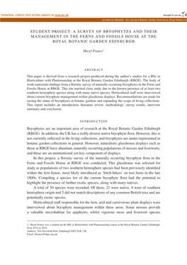 Student Project: a Survey of Bryophytes and Their Management in the Ferns and Fossils House at the Royal Botanic Garden Edinburgh
