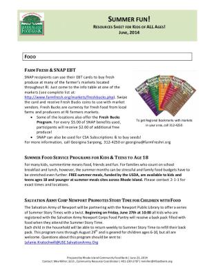 Summer Fun! Resources Sheet for Kids of All Ages! June, 2014