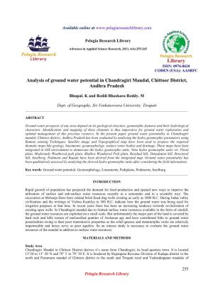 Analysis of Ground Water Potential in Chandragiri Mandal, Chittoor District, Andhra Pradesh
