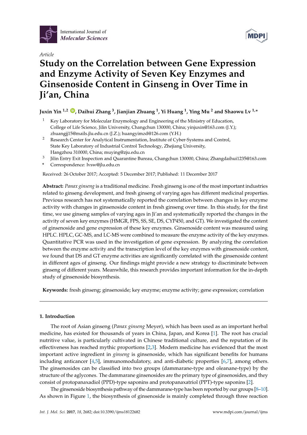 Study on the Correlation Between Gene Expression and Enzyme Activity of Seven Key Enzymes and Ginsenoside Content in Ginseng in Over Time in Ji’An, China