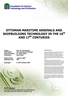 OTTOMAN MARITIME ARSENALS and SHIPBUILDING TECHNOLOGY in the 16Th and 17Th CENTURIES