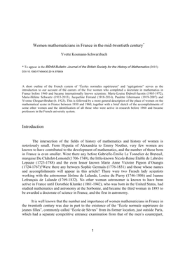 Women Mathematicians in France in the Mid-Twentieth Century Introduction