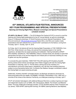 43Rd ANNUAL ATLANTA FILM FESTIVAL ANNOUNCES OPENING