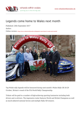 Legends Come Home to Wales Next Month