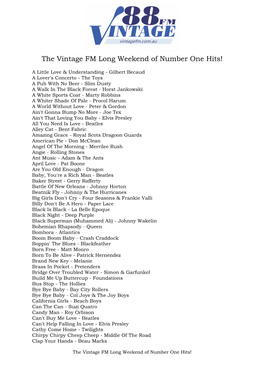 The Vintage FM Long Weekend of Number One Hits!