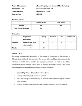 Name of Programme : Dress Designing and Garment Manufacturing Programme Code : 01/02/03/04/05/06/07/08 Name of Course : Elements of Textile Course Code : DD281