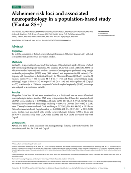 Alzheimer Risk Loci and Associated Neuropathology in a Population-Based Study (Vantaa 85+)