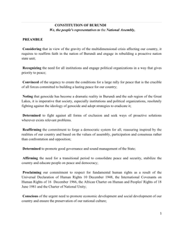 CONSTITUTION of BURUNDI We, the People's Representatives to the National Assembly