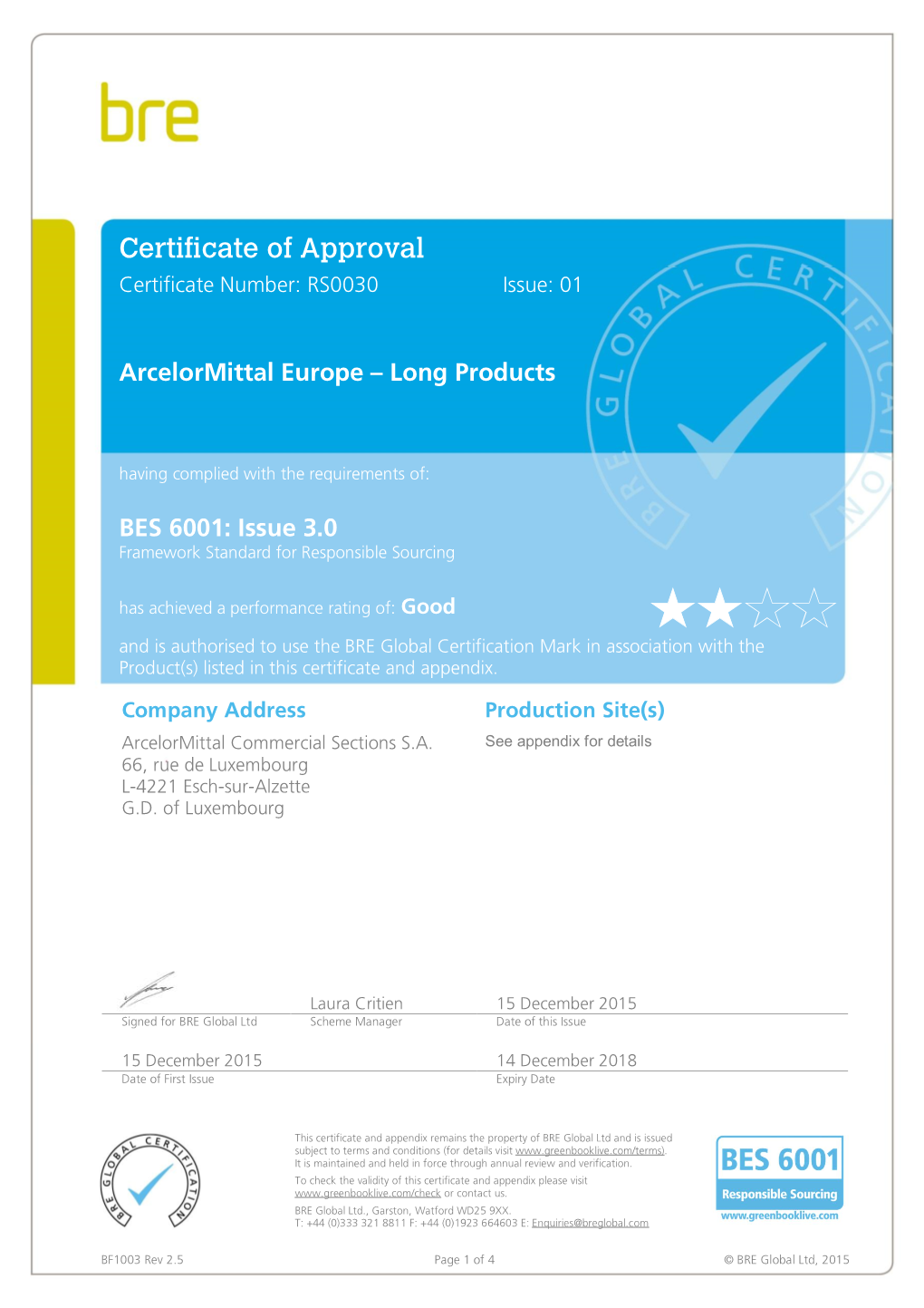 BES6001 Certificate Arcelor Mittal