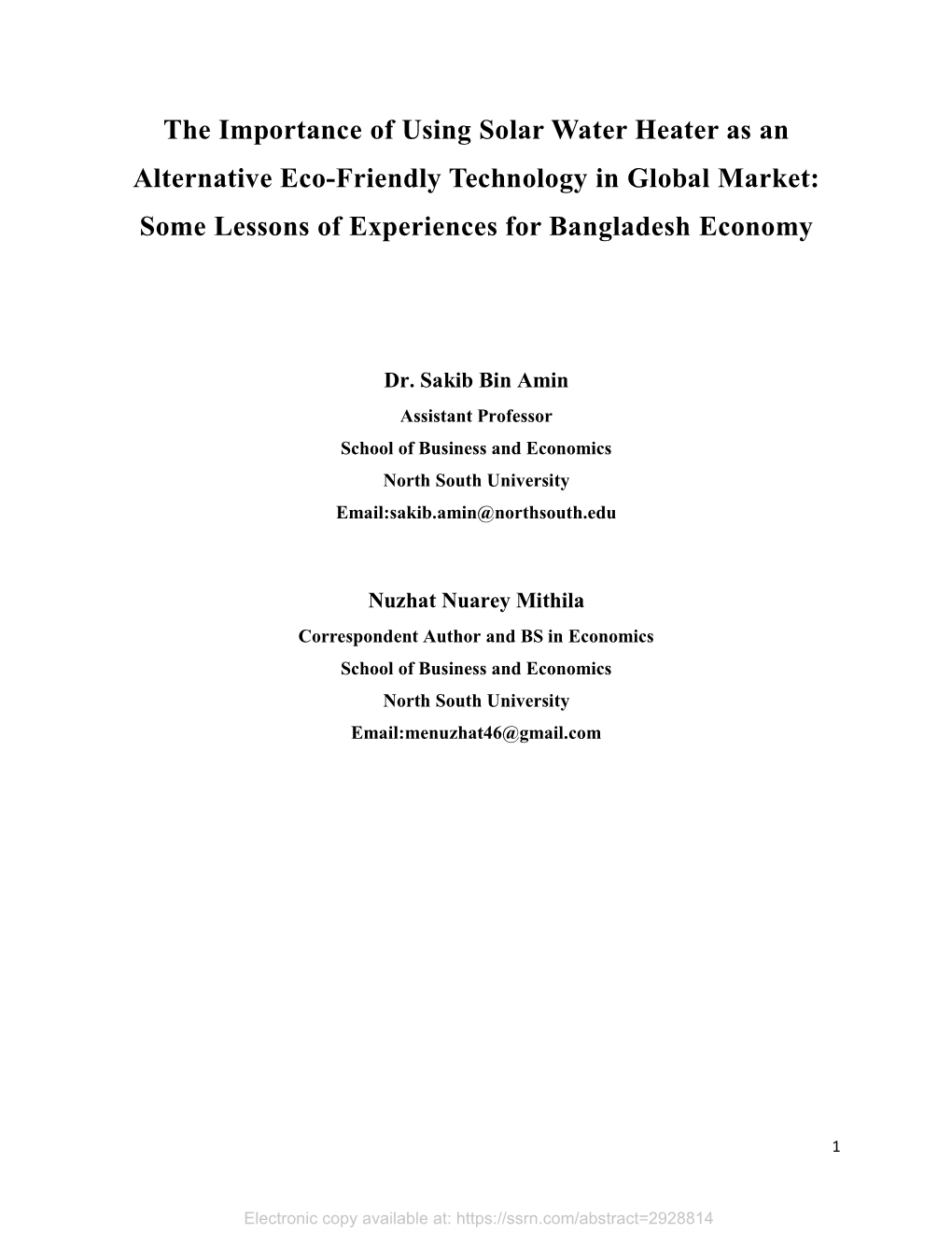 The Importance of Using Solar Water Heater As an Alternative Eco-Friendly Technology in Global Market: Some Lessons of Experiences for Bangladesh Economy