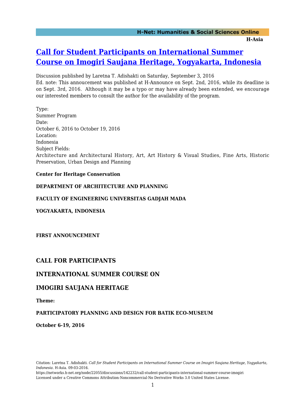 Call for Student Participants on International Summer Course on Imogiri Saujana Heritage, Yogyakarta, Indonesia