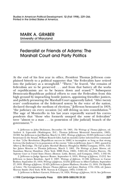 Federalist Or Friends of Adams: the Marshall Court and Party Politics