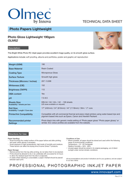 PROFESSIONAL PHOTOGRAPHIC INKJET PAPER Rev.0714 TECHNICAL DATA SHEET