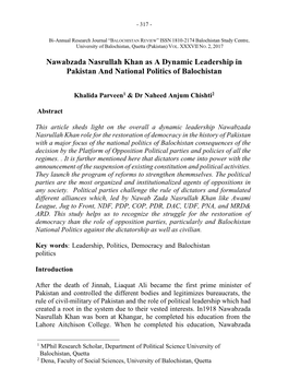 Nawabzada Nasrullah Khan As a Dynamic Leadership in Pakistan and National Politics of Balochistan
