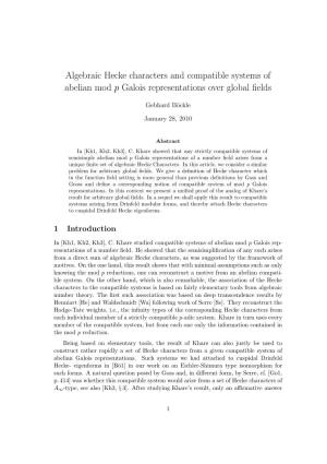 Algebraic Hecke Characters and Compatible Systems of Abelian Mod P Galois Representations Over Global ﬁelds