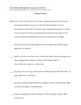 Clive Matson Bibliography in Progress, 10-31-20 Showing Pending Publica�Ons, Top of the Essay and Anthology Sec�Ons