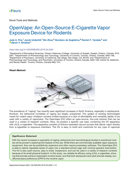 Openvape: an Open-Source E-Cigarette Vapor Exposure Device for Rodents