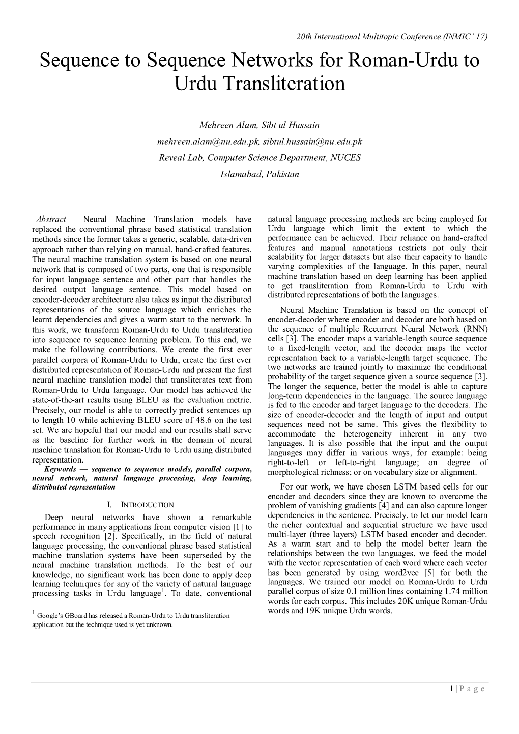 Sequence to Sequence Networks for Roman-Urdu to Urdu Transliteration