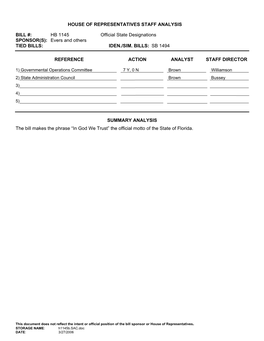 House of Representatives Staff Analysis