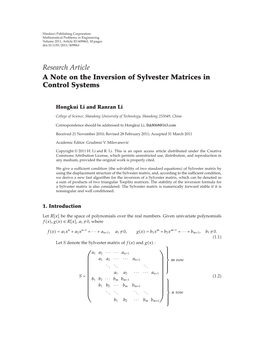A Note on the Inversion of Sylvester Matrices in Control Systems