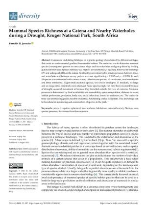 Mammal Species Richness at a Catena and Nearby Waterholes During a Drought, Kruger National Park, South Africa