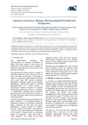 Argemone Ochroleuca: Biology, Pharmacological Potential and Perspectives