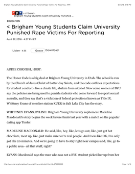 Brigham Young Students Claim University Punished Rape Victims for Reporting : NPR 5/24/16, 2:19 PM