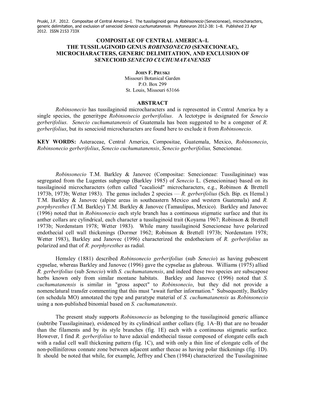 Compositae of Central America–I. the Tussilaginoid