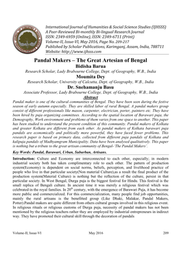 Pandal Makers – the Great Artesian of Bengal Bidisha Barua Research Scholar, Lady Brabourne College, Dept