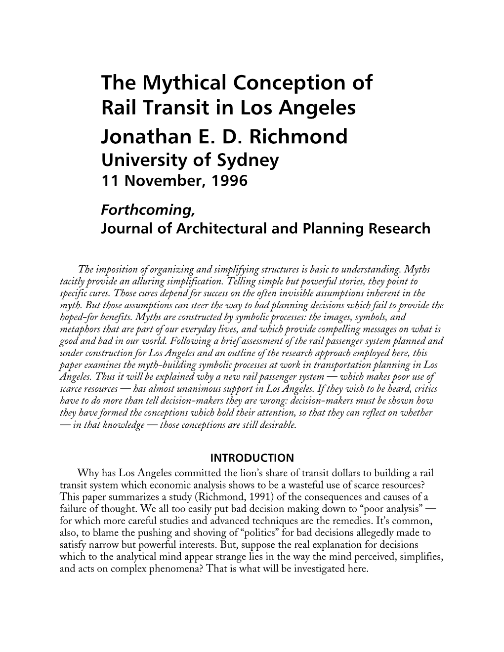 The Mythical Conception of Rail Transit in Los Angeles Jonathan E