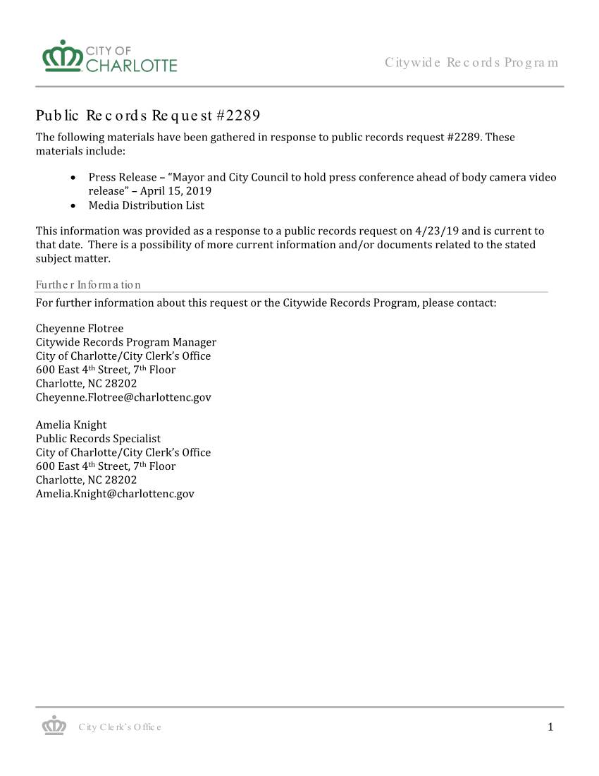 Public Records Request #2289 the Following Materials Have Been Gathered in Response to Public Records Request #2289