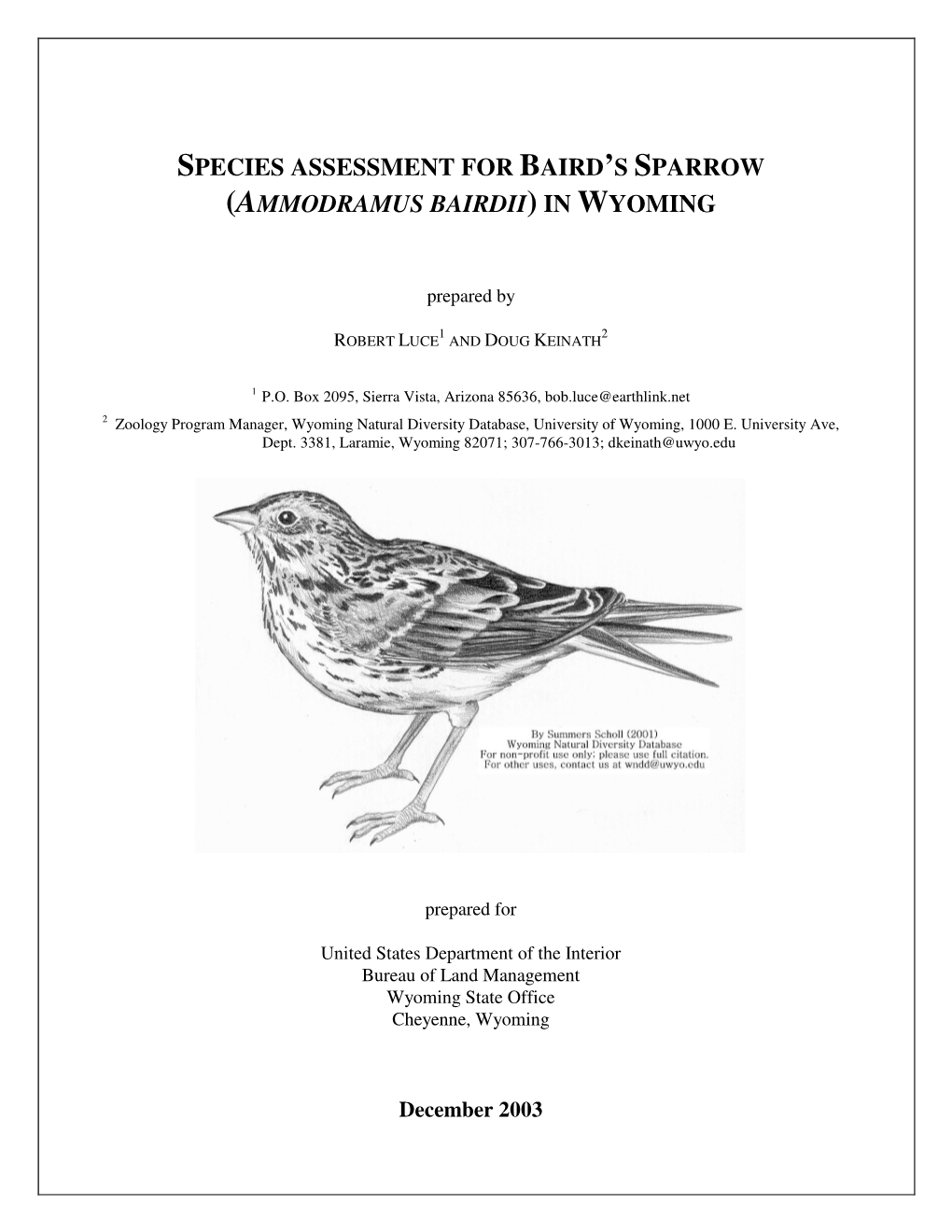 Species Assessment for Baird's Sparrow (Ammodramus Bairdii) in Wyoming