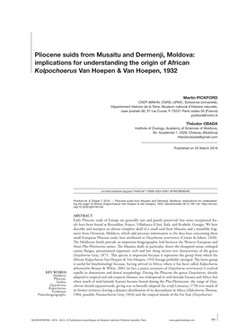 Pliocene Suids from Musaitu and Dermenji, Moldova: Implications for Understanding the Origin of African Kolpochoerus Van Hoepen & Van Hoepen, 1932
