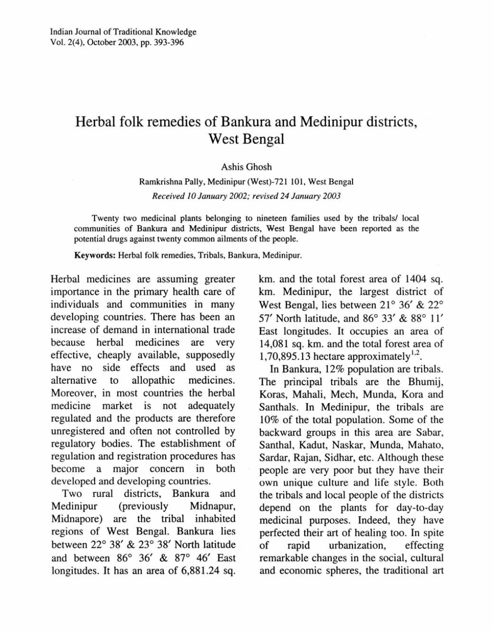 Herbal Folk Remedies of Bankura and Medinipur Districts, West Bengal