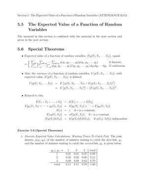 5.5 the Expected Value of a Function of Random Variables 5.6 Special