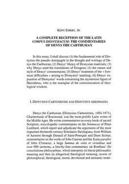 A Complete Reception of the Latin Corpus Dionysiacum: the Commentaries of Denys the Carthusian