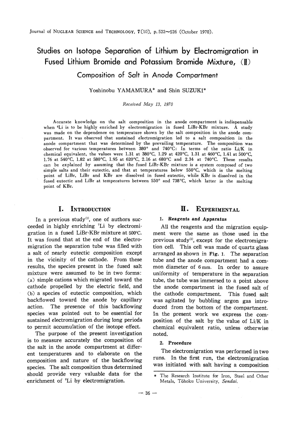 Studies on Isotope Separation of Lithium by Electromigration in Fused Lithium Bromide and Potassium Bromide Mixture, (II) Composition of Salt in Anode Compartment