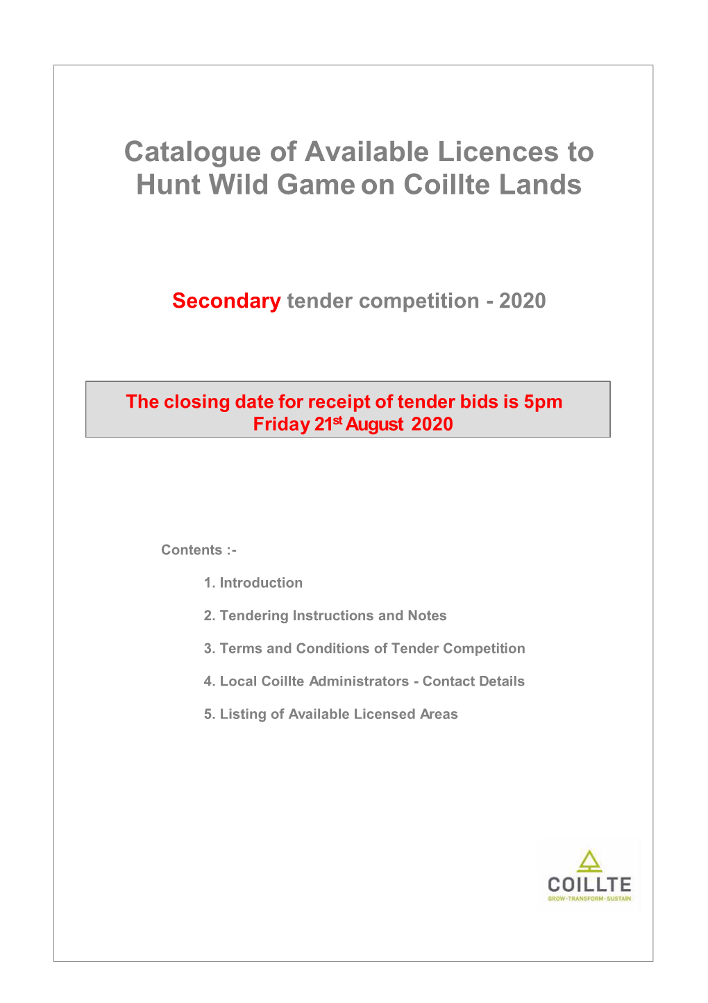 Catalogue of Available Licences to Hunt Wild Game on Coillte Lands