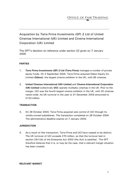 Acquisition by Terra Firma Investments (GP) 2 Ltd of United Cinemas International (UK) Limited and Cinema International Corporation (UK) Limited