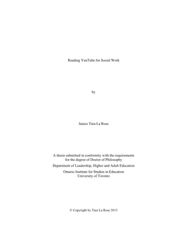 Reading Youtube for Social Work by Janice Tara La Rose a Thesis