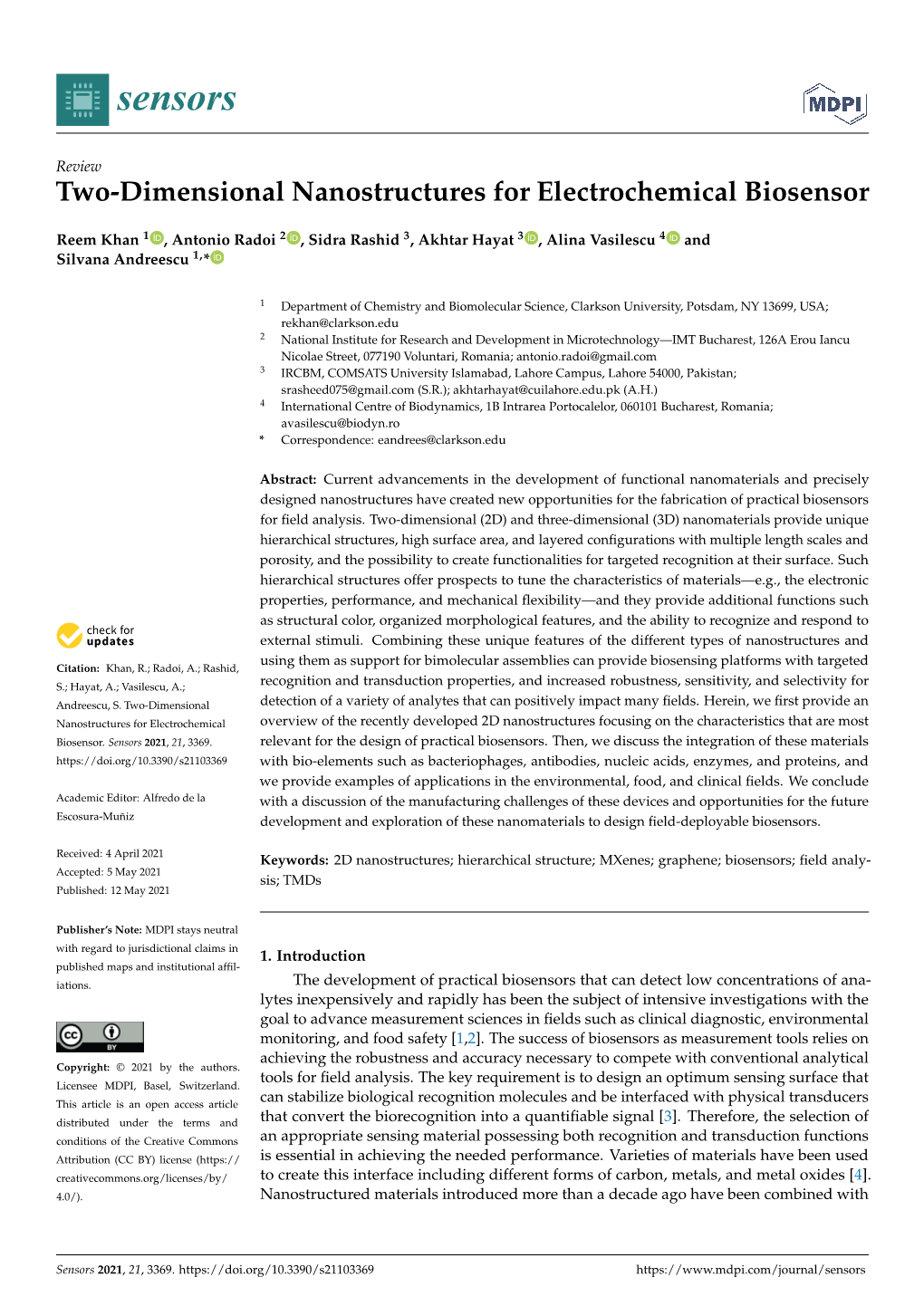 Two-Dimensional Nanostructures for Electrochemical Biosensor