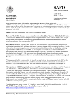 SAFO 18015: Jet Fuel Contaminated with Diesel Exhaust Fluid (DEF)