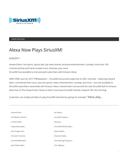 Alexa Now Plays Siriusxm!