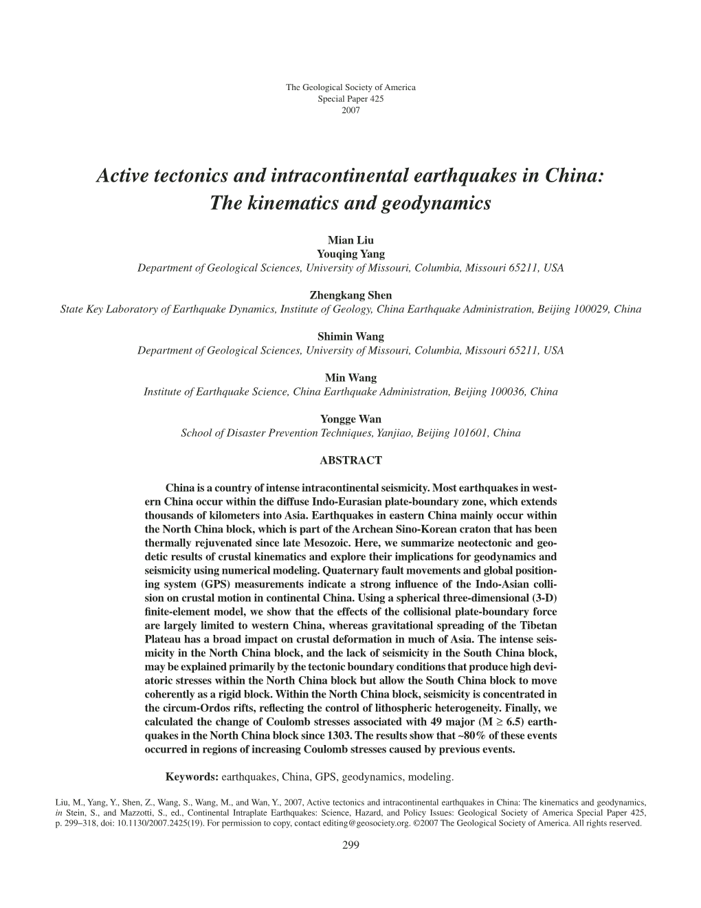 Active Tectonics and Intracontinental Earthquakes in China: the Kinematics and Geodynamics