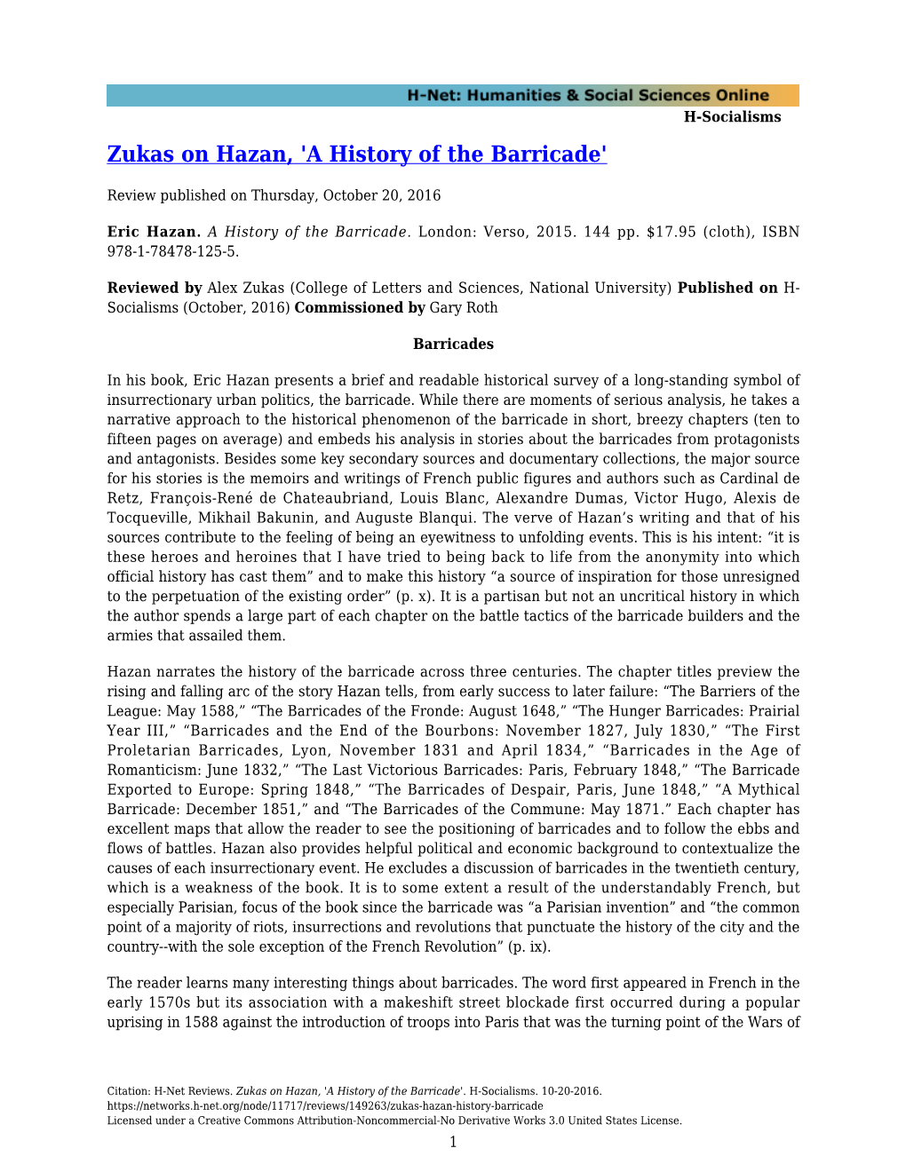 Zukas on Hazan, 'A History of the Barricade'